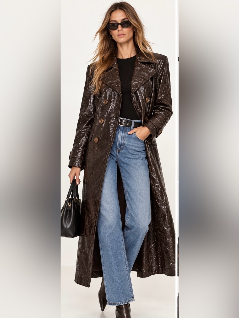 Vintage Dark Brown Patent Leather Look Double Breasted Maxi Trench Coat medium l